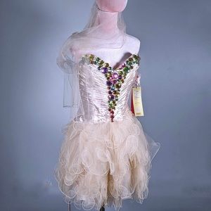 NWT May Queen | Champagne Rhinestone Ruffle Strapless Dress & Shawl - sz 10